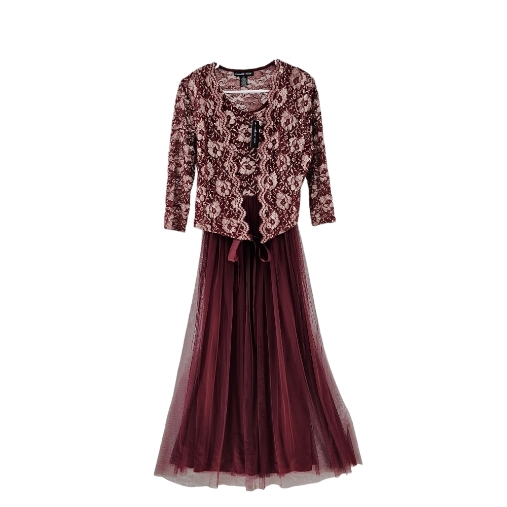 Candalite Women's Maroon Lace Attached Cardigan Tulle Skirt Prom Dress - PM